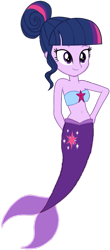 Size: 449x1024 | Tagged: safe, artist:fireluigi29, imported from derpibooru, sci-twi, twilight sparkle, mermaid, equestria girls, alternate hairstyle, bare shoulders, belly, belly button, fins, fish tail, mermaid tail, mermaidized, missing accessory, no glasses, simple background, sleeveless, solo, species swap, tail, transparent background