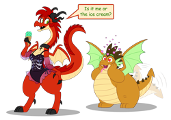 Size: 5525x3867 | Tagged: safe, artist:aleximusprime, imported from derpibooru, oc, oc only, oc:alex the chubby dragon, oc:starr, oc:sterrdergon, dragon, christianity, clothes, cross, cross necklace, crucifix, dragon oc, dragoness, dragonsona, duo, duo male and female, fat, female, food, gift art, hand on hip, hands on cheeks, heart, heart eyes, ice cream, in love, jewelry, male, male and female, necklace, necromancer swimsuit, non-pony oc, northern drake, simple background, small wings, speech bubble, spread wings, swimsuit, tail, tail wag, tongue out, transparent background, wingding eyes, wings