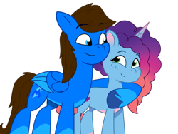 Size: 1024x768 | Tagged: safe, artist:bluemario11, imported from derpibooru, oc, oc:blue thunder, pegasus, pony, unicorn, cute, duo, duo male and female, female, g5, horn, hug, male, mare, misty brightdawn, my little pony: tell your tale, simple background, smiling, stallion, tell your tale accurate, transparent background