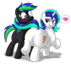 Size: 4879x4440 | Tagged: safe, artist:aleximusprime, imported from derpibooru, oc, oc only, oc:rider, oc:susan, earth pony, pony, unicorn, blushing, butt, commission, duo, duo male and female, female, flirting, heart, horn, in love, male, nervous, pictogram, plot, seduction, seductive, simple background, sultry pose, sweat, tail, tail seduce, transparent background