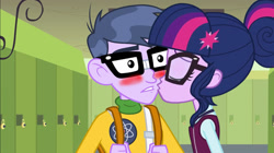 Size: 1100x618 | Tagged: safe, artist:bigpurplemuppet99, imported from derpibooru, microchips, sci-twi, twilight sparkle, human, equestria girls, duo, duo male and female, female, glasses, indoors, kissing, lockers, male, microlight, shipping, straight