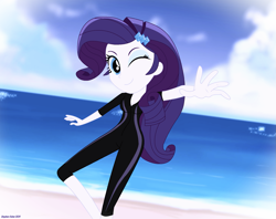 Size: 1981x1571 | Tagged: safe, artist:stephen-fisher, imported from derpibooru, rarity, human, equestria girls, beach, black swimsuit, clothes, female, ocean, solo, swimsuit, water, wetsuit