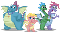 Size: 5076x2768 | Tagged: safe, artist:aleximusprime, imported from derpibooru, dragon, brother and sister, cassie (dragon tales), chubby, cute, dragon tales, fat, female, g4 style, horns, jewelry, male, multiple heads, necklace, ord, pendant, plump, siblings, simple background, transparent background, twins, two heads, two-headed dragon, zack and wheezie