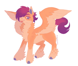 Size: 1634x1389 | Tagged: safe, artist:kaijulii, imported from derpibooru, oc, oc only, pegasus, pony, :p, >:p, cheek fluff, chest fluff, colored wings, ear tufts, eyebrow slit, eyebrows, female, fluffy, looking at you, mare, messy hair, messy mane, multicolored hair, multicolored mane, multicolored tail, multicolored wings, orange fur, pegasus oc, purple mane, purple tail, short mane, short tail, simple background, solo, tail, tongue out, unshorn fetlocks, white background, wings