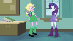 Size: 1280x720 | Tagged: safe, imported from derpibooru, screencap, rarity, spike, twilight sparkle, dog, human, equestria girls, backpack, boots, classroom, clothes, disguise, duo, duo female, female, green skirt, indoors, male, my little pony equestria girls, purple skirt, shoes, skirt, spike the dog, trio, twilight strong, wig