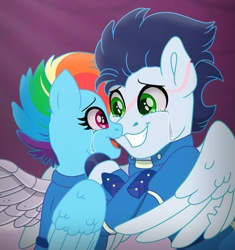 Size: 5381x5722 | Tagged: safe, artist:faitheverlasting, imported from derpibooru, rainbow dash, soarin', pegasus, pony, alternate hairstyle, alternate timeline, amputee, apocalypse dash, armor, artificial wings, augmented, clothes, cork, crying, crystal empire, crystal war timeline, duo, duo male and female, embrace, facial scar, female, male, mare, mechanical wing, prosthetic limb, prosthetic wing, prosthetics, scar, shipping, soarindash, sombraverse, stallion, straight, tears of joy, uniform, wings