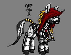 Size: 891x688 | Tagged: safe, artist:damset, imported from derpibooru, oc, oc only, oc:dynamo, android, robot, zebra, digital art, female, hood, jewelry, ms paint, pixel art, red hood, ring, simple background, tail, tail ring, yellow eyes