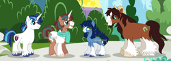 Size: 1280x460 | Tagged: safe, artist:hopenotfound, imported from derpibooru, shining armor, trouble shoes, oc, oc:snowdrop (hopenotfound), oc:willow tree, pony, unicorn, clothes, horn, magical gay spawn, male, offspring, outdoors, scarf, stallion