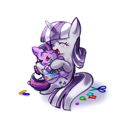 Size: 2048x2048 | Tagged: safe, artist:izuchi, imported from derpibooru, twilight sparkle, twilight velvet, pony, unicorn, blushing, crying, cute, daaaaaaaaaaaw, duo, duo female, female, filly, filly twilight sparkle, foal, horn, mother and child, mother and daughter, mother's day, scissors, simple background, sitting, smiling, twiabetes, unicorn twilight, white background, younger