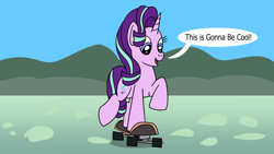 Size: 1920x1080 | Tagged: safe, artist:platinumdrop, imported from derpibooru, starlight glimmer, commission, happy, outdoors, skateboard, smiling, speech bubble, talking