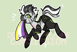 Size: 1000x673 | Tagged: safe, artist:maroonmads, imported from derpibooru, oc, oc only, zebra, amputee, commission, nonbinary, nonbinary oc, nonbinary pride flag, pride, pride flag, prosthetic leg, prosthetic limb, prosthetics, robotic legs, solo, ych result, zebra oc