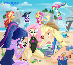 Size: 2403x2145 | Tagged: safe, artist:steyrrdash, derpibooru exclusive, imported from derpibooru, applejack, fluttershy, pinkie pie, rainbow dash, rarity, sci-twi, sunset shimmer, twilight sparkle, human, equestria girls, bare shoulders, barefoot, beach, beach ball, bikini, breasts, bucket, busty fluttershy, clothes, feet, hat, humane five, humane seven, humane six, kneeling, midriff, one-piece swimsuit, open mouth, open smile, outdoors, plushie, sarong, self plushidox, shorts, sleeveless, smiling, sports, sports bra, sports shorts, sun hat, swimsuit, uno, volleyball