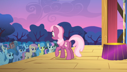 Size: 1366x768 | Tagged: safe, imported from derpibooru, screencap, blue october, blueberry muffin, bon bon, candy mane, cheerilee, doctor whooves, dusky grape, lemon hearts, meadow song, purple haze, sweetie drops, time turner, pony, the show stoppers, crowd, night shade, outdoors, stage, unnamed character, unnamed pony