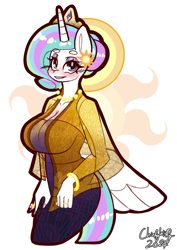 Size: 744x1052 | Tagged: safe, artist:chiefywiffy, imported from derpibooru, princess celestia, alicorn, anthro, breasts, busty princess celestia, clothes, dress, ear piercing, earring, halo, jewelry, kebaya, piercing, simple background, solo, sun, white background