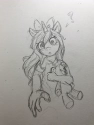 Size: 3024x4032 | Tagged: safe, artist:zsnowfilez, imported from derpibooru, oc, oc:chocolate frostheart, anthro, unicorn, female, filly, foal, horn, monochrome, plushie, sketch, solo, teddy bear, traditional art, younger