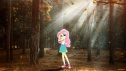 Size: 1600x900 | Tagged: safe, artist:haiikhal, imported from derpibooru, fluttershy, human, equestria girls, autumn, camp everfree outfits, crepuscular rays, equestria girls in real life, female, forest, irl, leaves, nature, outdoors, photo, solo, tree