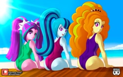 Size: 1000x625 | Tagged: safe, artist:minusclass, imported from derpibooru, adagio dazzle, aria blaze, sonata dusk, human, equestria girls, 2d, adagio dat-azzle, arse-ia blaze, ass, bangs, beach, breasts, butt, clothes, cloud, crepuscular rays, curly hair, eyebrows, eyeshadow, female, height difference, line-up, looking at you, looking back, makeup, ocean, one-piece swimsuit, open mouth, open smile, outdoors, patreon, patreon logo, pigtails, plotline, ponytail, raised eyebrow, sand, sideboob, sitting, sky, sleeveless, smiling, smiling at you, sonata donk, sun, swimsuit, the dazzlings, twintails, water