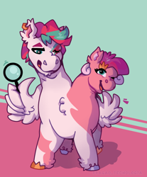 Size: 1754x2120 | Tagged: safe, artist:dragao_tecnologia, imported from derpibooru, pipp petals, zipp storm, pegasus, pony, alternate universe, conjoined, conjoined twins, digital art, fanart, female, g5, magnifying glass, multiple heads, royal sisters (g5), siblings, sisters, two heads