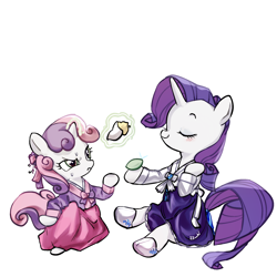 Size: 2048x2048 | Tagged: safe, artist:izuchi, imported from derpibooru, rarity, sweetie belle, pony, semi-anthro, unicorn, bipedal, clothes, concentrating, dress, duo, duo female, eyes closed, female, filly, foal, horn, magic, mare, siblings, simple background, sisters, smiling, sweat, telekinesis, white background