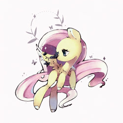 Size: 800x800 | Tagged: safe, artist:tei14, imported from derpibooru, fluttershy, butterfly, pegasus, pony, female, mare, pink background, simple background, solo