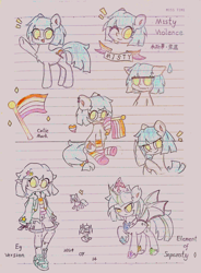 Size: 2247x3060 | Tagged: safe, artist:肝到驾崩, derpibooru exclusive, imported from derpibooru, oc, oc only, oc:misty violence, earth pony, equestria girls, bat wings, chinese, cute, cutie mark, knife, lesbian pride flag, lined paper, pride, pride flag, traditional art, unamused, wings