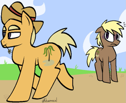 Size: 669x549 | Tagged: safe, artist:kharmacal, imported from derpibooru, coco crusoe, earth pony, pony, duo, outdoors, scared, simple background