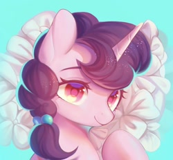 Size: 1300x1200 | Tagged: safe, artist:leafywind, imported from derpibooru, sugar belle, pony, unicorn, blue background, bust, cyan background, female, flower, horn, mare, portrait, simple background, smiling, solo