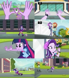 Size: 1179x1329 | Tagged: safe, imported from derpibooru, screencap, apple bloom, bon bon, lyra heartstrings, scootaloo, spike, starlight glimmer, sunset shimmer, sweetie belle, sweetie drops, twilight sparkle, dog, human, equestria girls, beanie hat, boots, callback, canterlot high, clothes, comparison, cutie mark crusaders, dogs riding humans, equestria girls specials, female, male, my little pony equestria girls, my little pony equestria girls: mirror magic, riding, shoes, spike riding twilight, spike the dog, watch, wondercolt statue