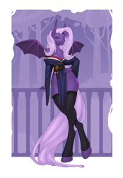 Size: 3028x4348 | Tagged: safe, artist:kirasunnight, imported from derpibooru, oc, oc only, oc:lilac night, anthro, bat pony, unguligrade anthro, anthro oc, bat pony oc, bat wings, clothes, crossed hooves, female, hooves, looking at you, outfit, passepartout, socks, solo, stockings, tail, thigh highs, wings