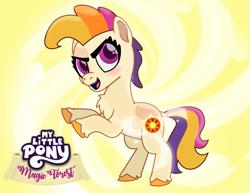 Size: 1113x861 | Tagged: safe, artist:prixy05, imported from derpibooru, sunny daze (g3), earth pony, pony, series:magic forest, female, filly, foal, g3, glowing cutie mark, rearing, simple background, solo, yellow background