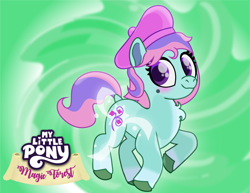 Size: 1113x861 | Tagged: safe, artist:prixy05, imported from derpibooru, ivy, earth pony, pony, series:magic forest, beret, female, filly, foal, g2, glowing cutie mark, green background, hat, simple background, solo