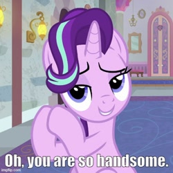 Size: 500x500 | Tagged: safe, edit, edited screencap, imported from derpibooru, screencap, starlight glimmer, a horse shoe-in, caption, flirting, image macro, imgflip, lidded eyes, talking to viewer, text