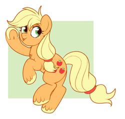 Size: 818x781 | Tagged: safe, artist:lulubell, imported from derpibooru, applejack, earth pony, pony, cheering, chibi, hatless, missing accessory, passepartout, solo, underhoof, unshorn fetlocks