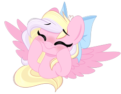 Size: 2425x1881 | Tagged: safe, artist:emberslament, imported from derpibooru, oc, oc only, oc:bay breeze, pegasus, pony, blushing, bow, cute, eyes closed, female, hair bow, happy, mare, pegasus oc, simple background, squishy cheeks, transparent background, wings