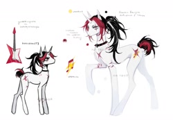 Size: 1451x1006 | Tagged: safe, artist:g_ray111, imported from derpibooru, oc, oc only, earth pony, pony, black mane, choker, electric guitar, guitar, musical instrument, red mane, reference sheet, simple background, solo, spiked choker, tail, two toned mane, two toned tail, white background