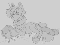 Size: 3632x2760 | Tagged: safe, artist:bellumangeli, imported from derpibooru, oc, oc only, pony, unicorn, fallout equestria, armor, bed, clothes, ear fluff, ear piercing, horn, jacket, looking back, male, monochrome, pants, piercing, simple background, sketch, solo, solo male