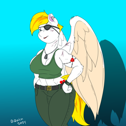 Size: 900x900 | Tagged: safe, artist:quicktron, imported from derpibooru, oc, oc only, oc:storm chaser, anthro, pegasus, anthro oc, blue background, breasts, busty oc, clothes, dog tags, eyepatch, facial scar, female, g.i. joe, hand on hip, muscles, muscular female, scar, shadow, signature, simple background, solo, tanktop, tattoo, torn ear