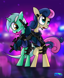 Size: 1206x1477 | Tagged: safe, artist:unigita, imported from derpibooru, bon bon, lyra heartstrings, sweetie drops, earth pony, pony, unicorn, ar-15, atf, bipedal, blurry background, clothes, duo, duo female, female, gun, handgun, headset, horn, mare, neon, pistol, weapon