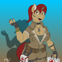 Size: 900x900 | Tagged: safe, artist:quicktron, imported from derpibooru, oc, oc only, anthro, unicorn, anthro oc, bandaid, breasts, busty oc, clothes, dog tags, female, fingerless gloves, g.i. joe, gloves, gradient background, horn, jumpsuit, medic, medkit, open mouth, open smile, shadow, signature, smiling, solo