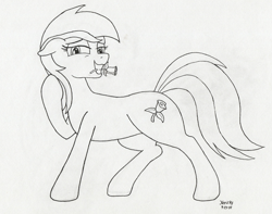 Size: 1362x1075 | Tagged: safe, artist:hericks, imported from ponybooru, roseluck, pony, flower, lineart, looking at you, monochrome, pose, raised hoof, raised leg, rose, traditional art