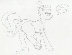 Size: 1337x1022 | Tagged: safe, artist:hericks, imported from ponybooru, sapphire shores, pony, butt, clothes, female, looking back, plot, sketch, speech bubble, sweat, traditional art, underhoof, workout outfit