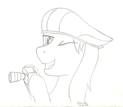 Size: 1155x1001 | Tagged: safe, artist:hericks, imported from ponybooru, big shot, pony, bust, camera, hat, looking at you, male, portrait, sketch, stallion, traditional art