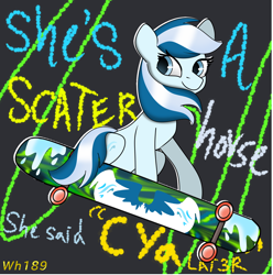 Size: 1500x1515 | Tagged: safe, artist:wh189, imported from derpibooru, oc, oc:serene dive, black background, graffiti, happy, looking at you, misspelling, misspelling on purpose, rainforest, simple background, skateboard, skateboarding, solo, species:earth pony, species:pony, text, totally radical, wave