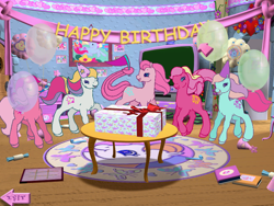 Size: 800x600 | Tagged: safe, imported from derpibooru, ivy, light heart, sundance (g2), sweet berry, earth pony, pony, my little pony: friendship gardens, birthday, book, g2, group, happy birthday, indoors, morning glory (g2), picture, present, puzzle, quintet, table, tic tac toe