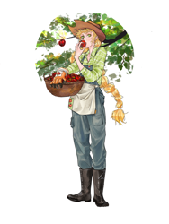 Size: 3000x4000 | Tagged: safe, artist:xieqichongtianxiaosanniang, imported from derpibooru, applejack, human, apple, apron, basket, boots, clothes, eating, food, humanized, leaf, shoes, simple background, standing, suspenders, tree branch, white background