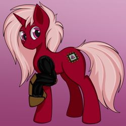 Size: 1200x1200 | Tagged: safe, artist:jessijinx, imported from twibooru, oc, oc only, oc:velvet penrose, pony, unicorn, amputee, female, image, mare, png, prosthetic leg, prosthetic limb, prosthetics, raised hoof, robotic arm, solo