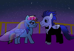 Size: 749x516 | Tagged: safe, artist:yoyoswing555, imported from ponybooru, rainbow dash, soarin', pegasus, pony, bride, female, groom, looking at each other, male, mare, marriage, shipping, soarindash, stallion, straight, wedding