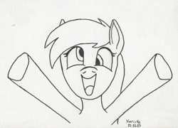 Size: 898x648 | Tagged: safe, artist:hericks, imported from ponybooru, derpy hooves, excited, happy, lineart, looking at you, raised hooves, traditional art, underhoof