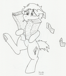 Size: 1212x1383 | Tagged: safe, artist:hericks, imported from ponybooru, pony, lineart, messy hair, messy mane, on hind legs, paperwork, pencil, stressed, tired, traditional art, underhoof