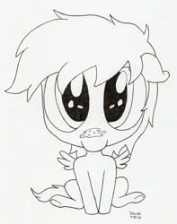 Size: 975x1236 | Tagged: safe, artist:hericks, imported from ponybooru, oc, oc:murky, pegasus, pony, fallout equestria, fallout equestria: murky number seven, big eyes, chibi, cute, fanfic art, floppy ears, lineart, looking at you, traditional art